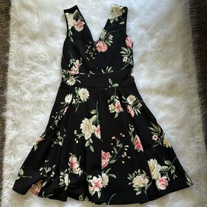 Black double lined dress with floral print